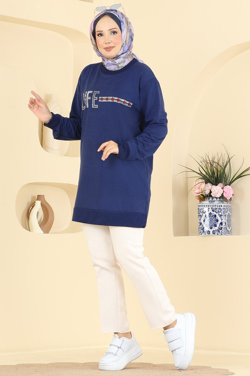 Rhinestone-Print Tunic with Slits - Navy