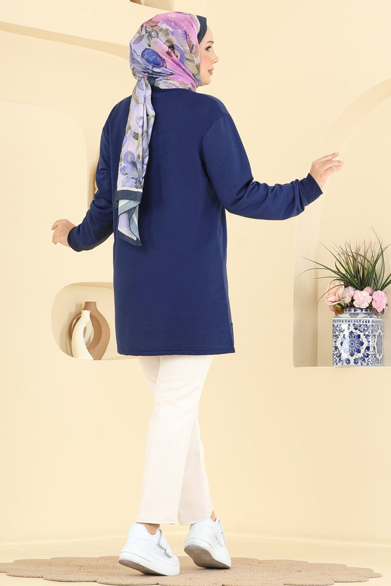 Rhinestone-Print Tunic with Slits - Navy