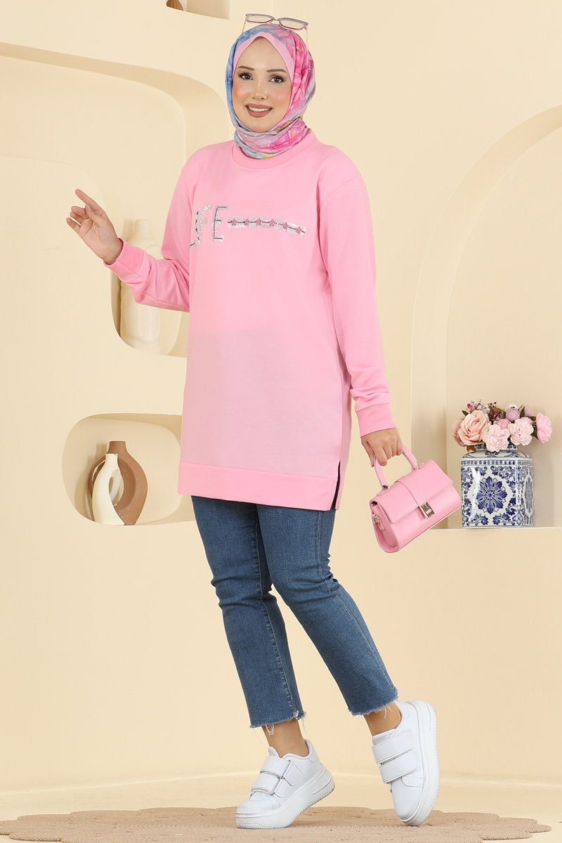 Rhinestone-Print Tunic with Slits - Pink