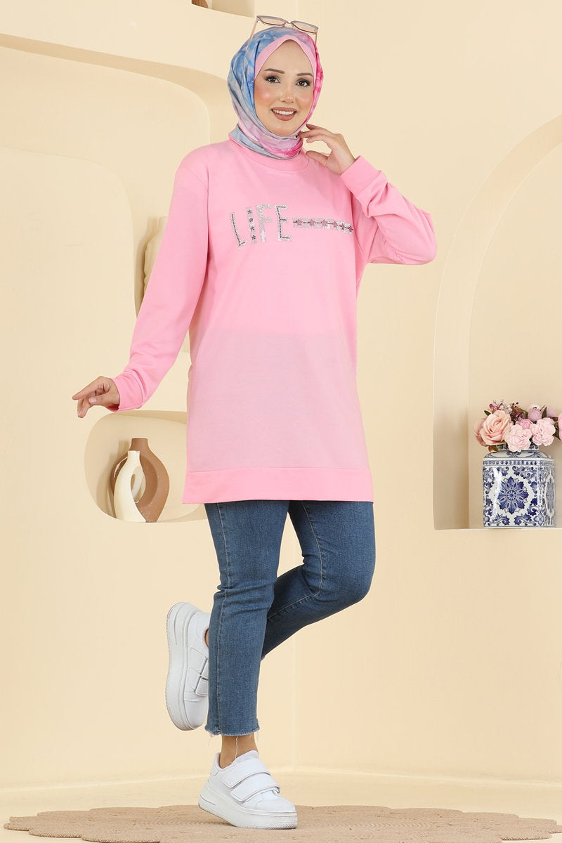 Rhinestone-Print Tunic with Slits - Pink