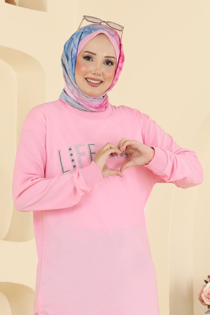 Rhinestone-Print Tunic with Slits - Pink