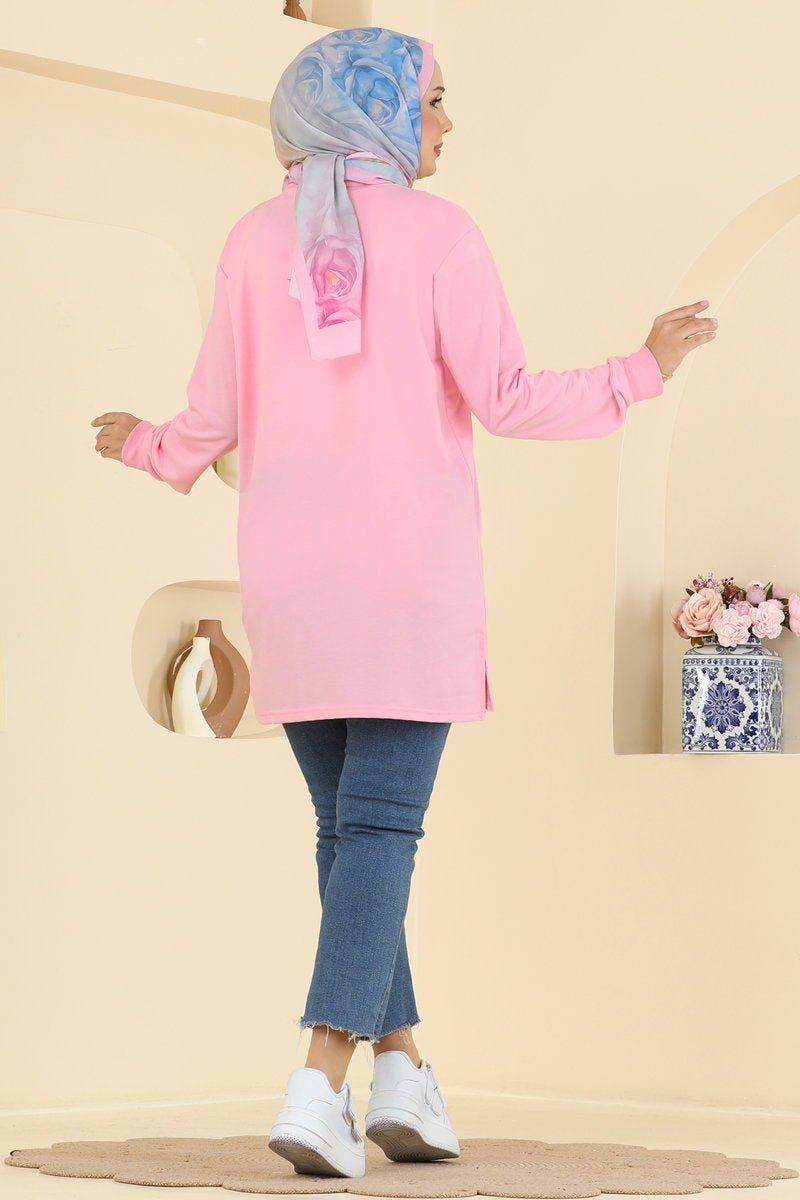 Rhinestone-Print Tunic with Slits - Pink