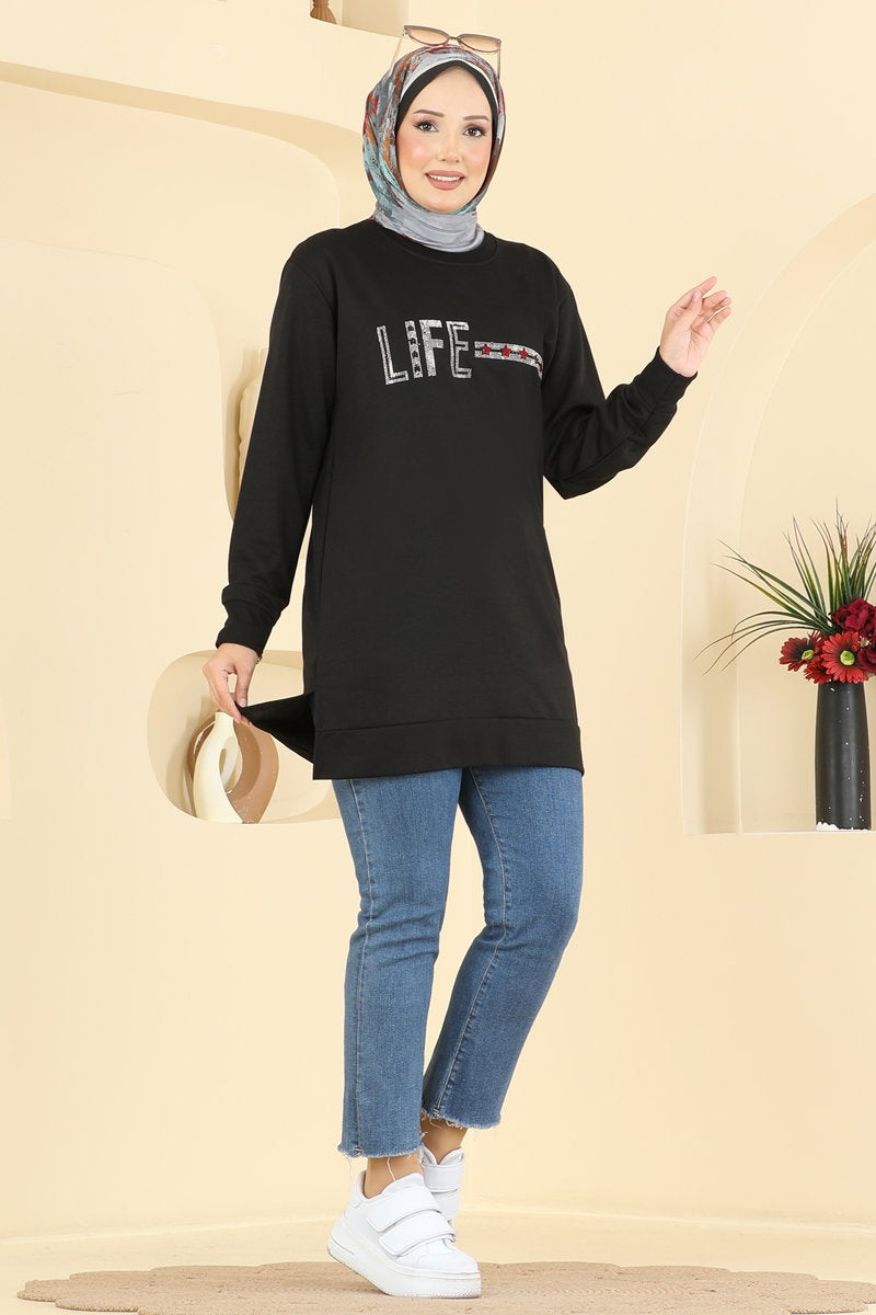Rhinestone-Print Tunic with Slits - Black
