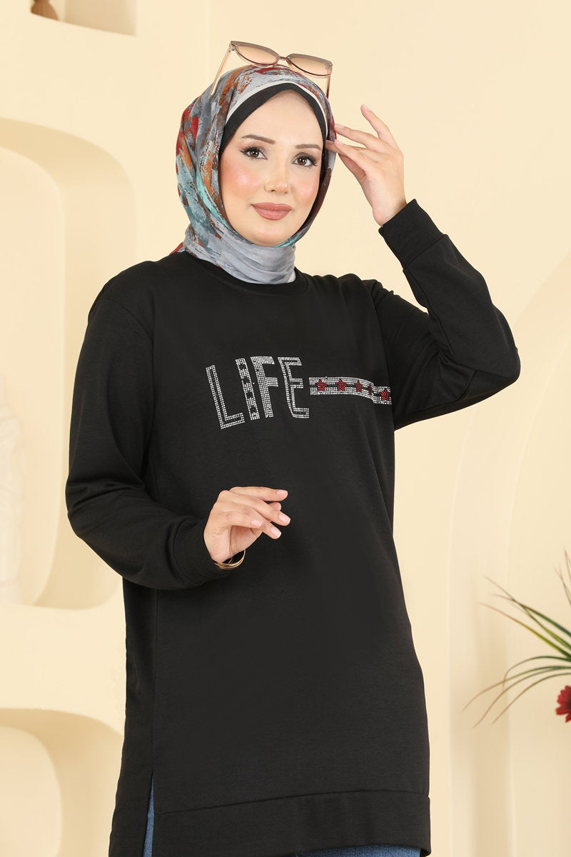 Rhinestone-Print Tunic with Slits - Black