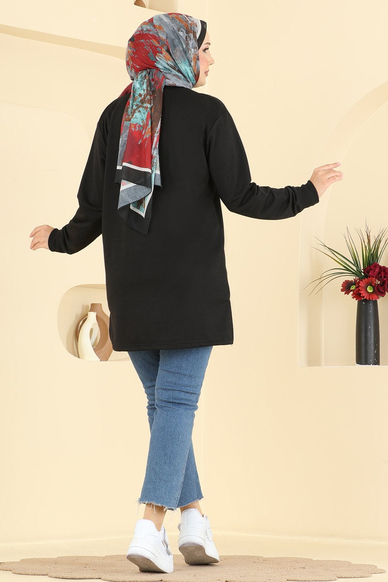 Rhinestone-Print Tunic with Slits - Black