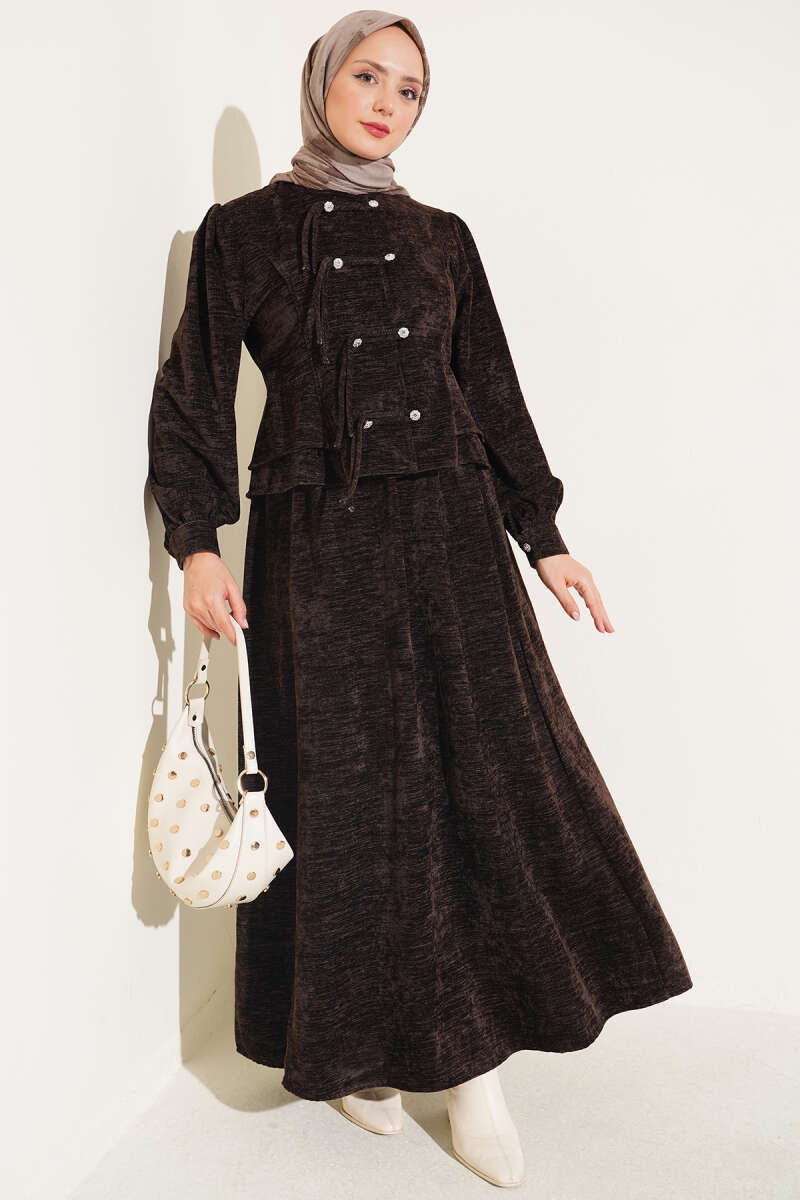 Two-Piece Skirt Set with Jewelled Rivet Buttons - Brown