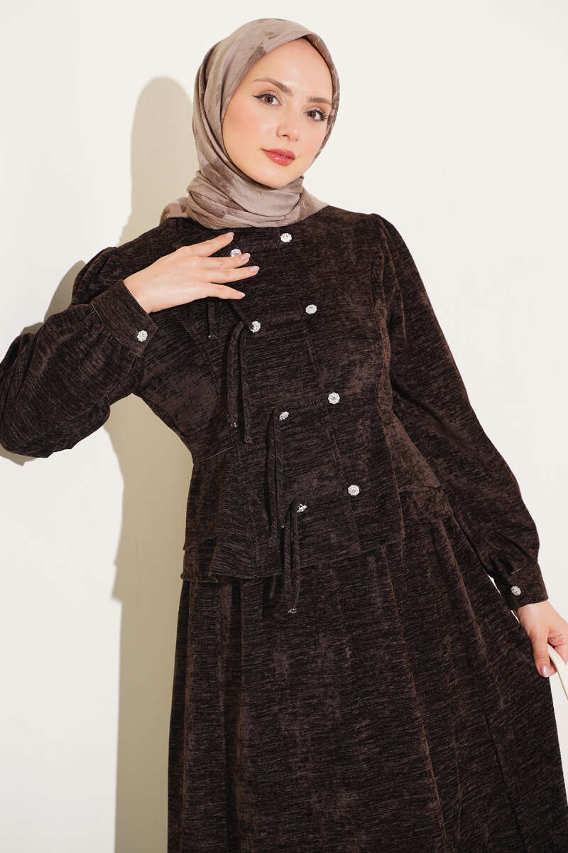 Two-Piece Skirt Set with Jewelled Rivet Buttons - Brown