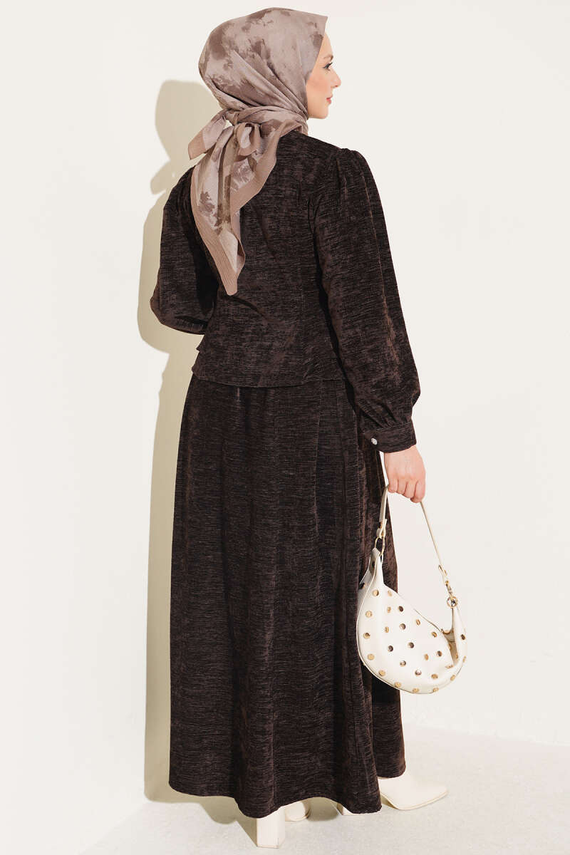 Two-Piece Skirt Set with Jewelled Rivet Buttons - Brown