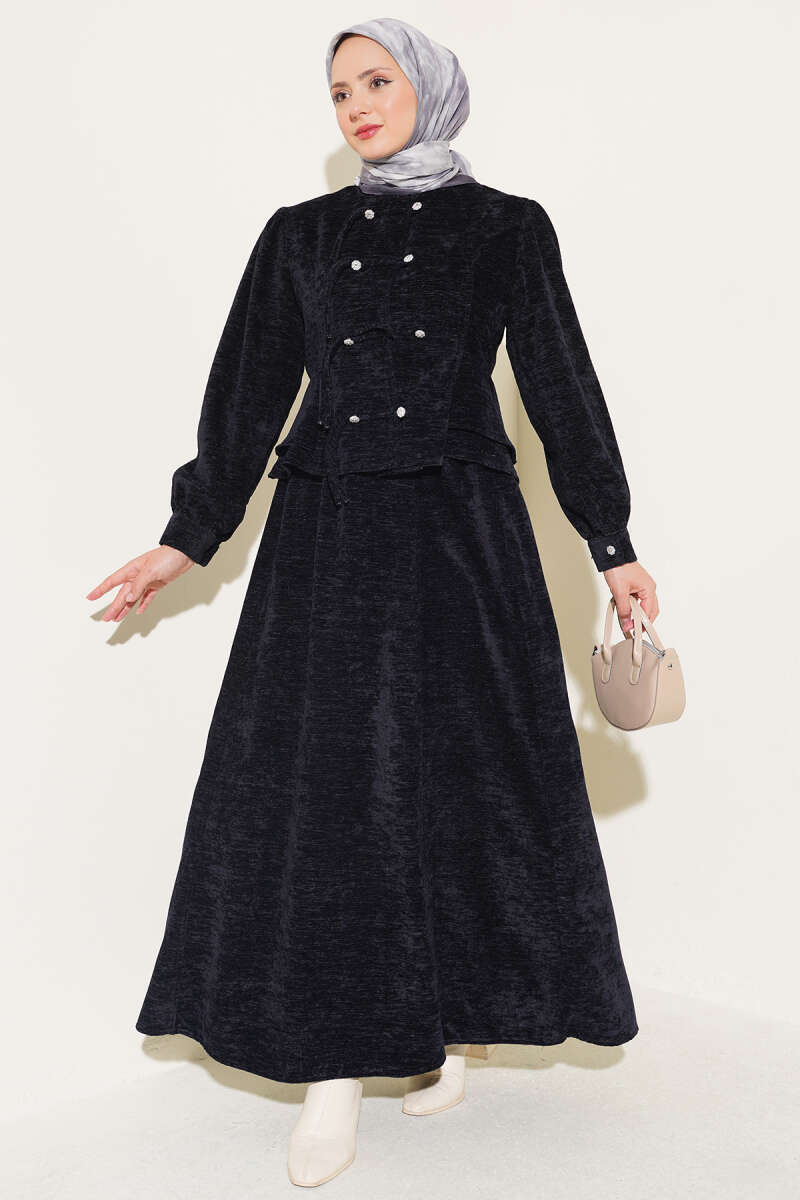 Two-Piece Skirt Set with Jewelled Rivet Buttons - Navy