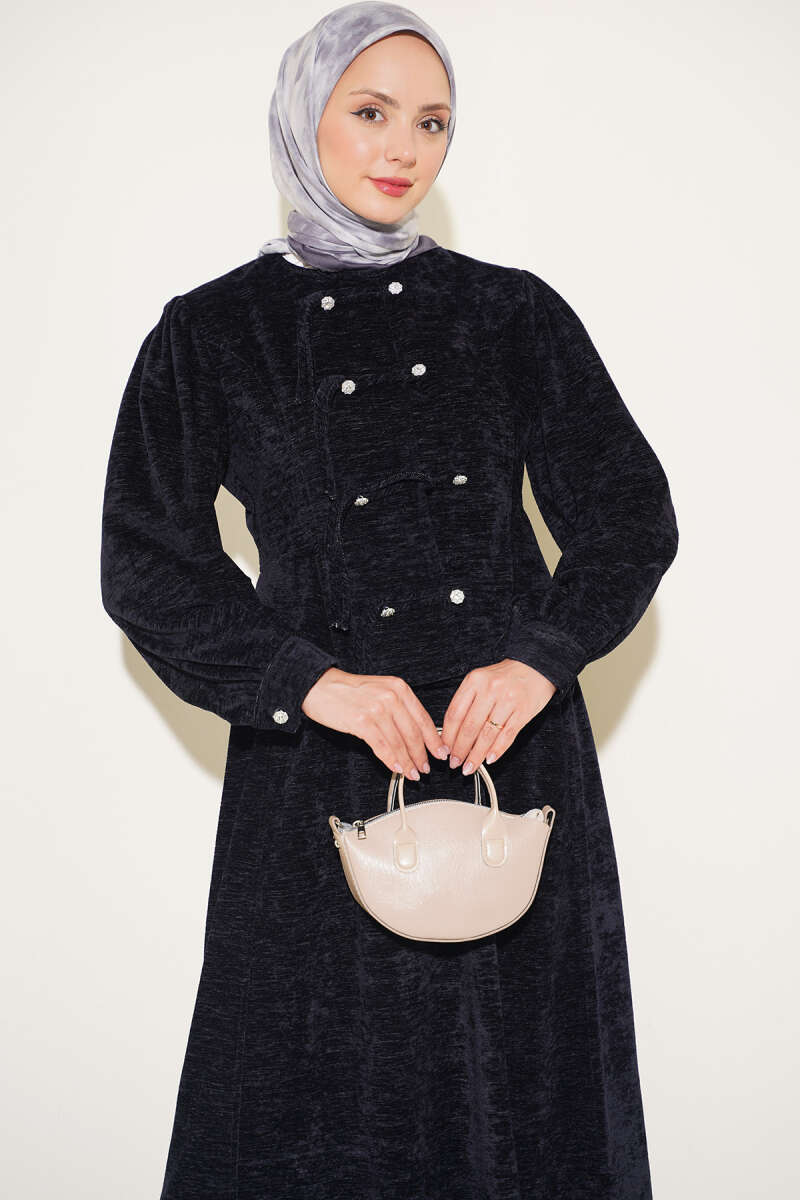 Two-Piece Skirt Set with Jewelled Rivet Buttons - Navy