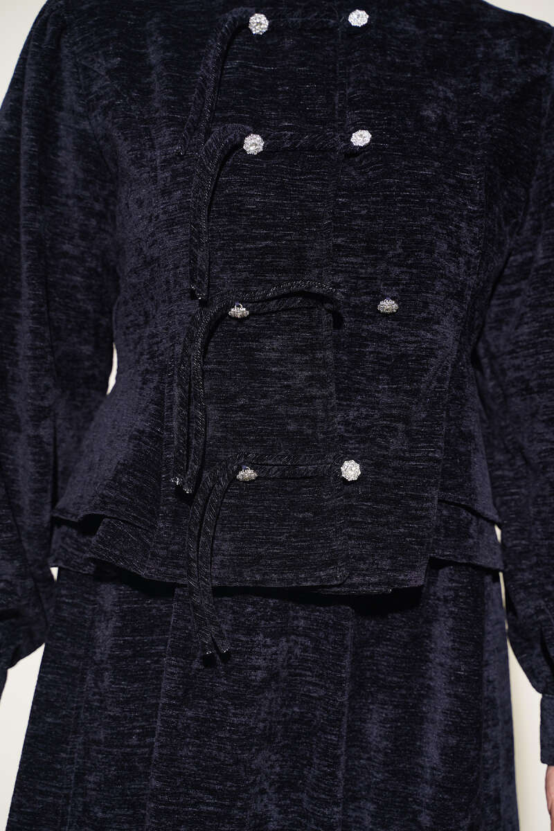 Two-Piece Skirt Set with Jewelled Rivet Buttons - Navy