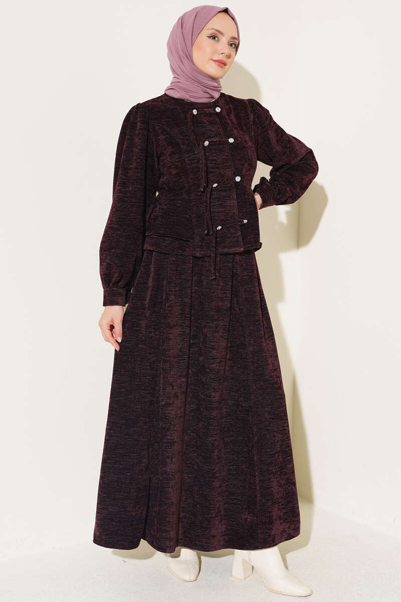 Two-Piece Skirt Set with Jewelled Rivet Buttons - Plum
