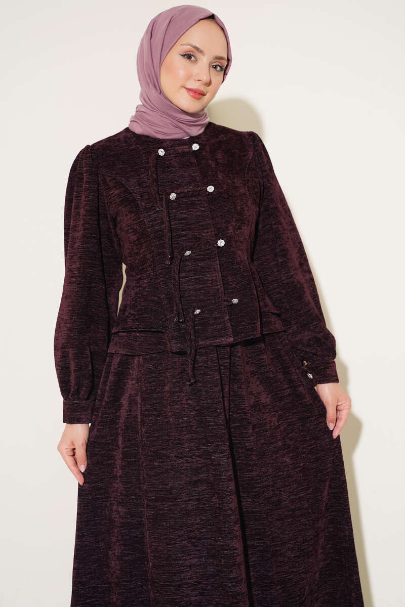 Two-Piece Skirt Set with Jewelled Rivet Buttons - Plum