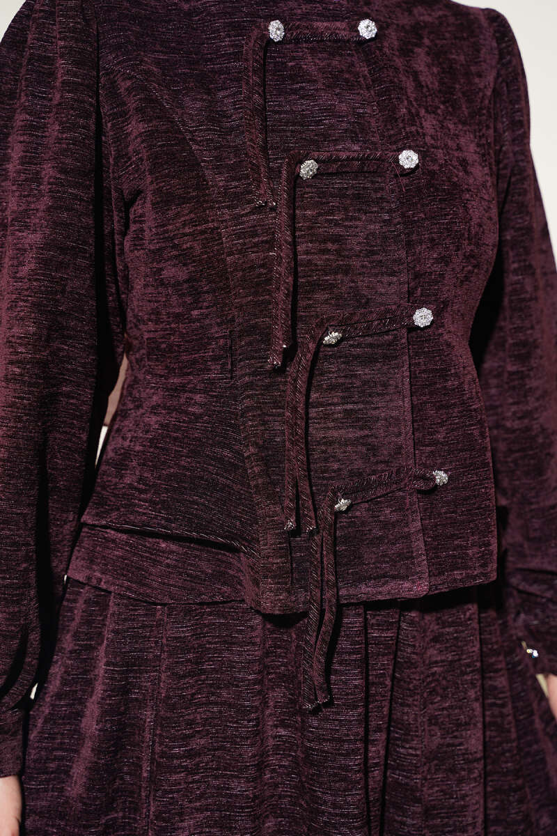 Two-Piece Skirt Set with Jewelled Rivet Buttons - Plum