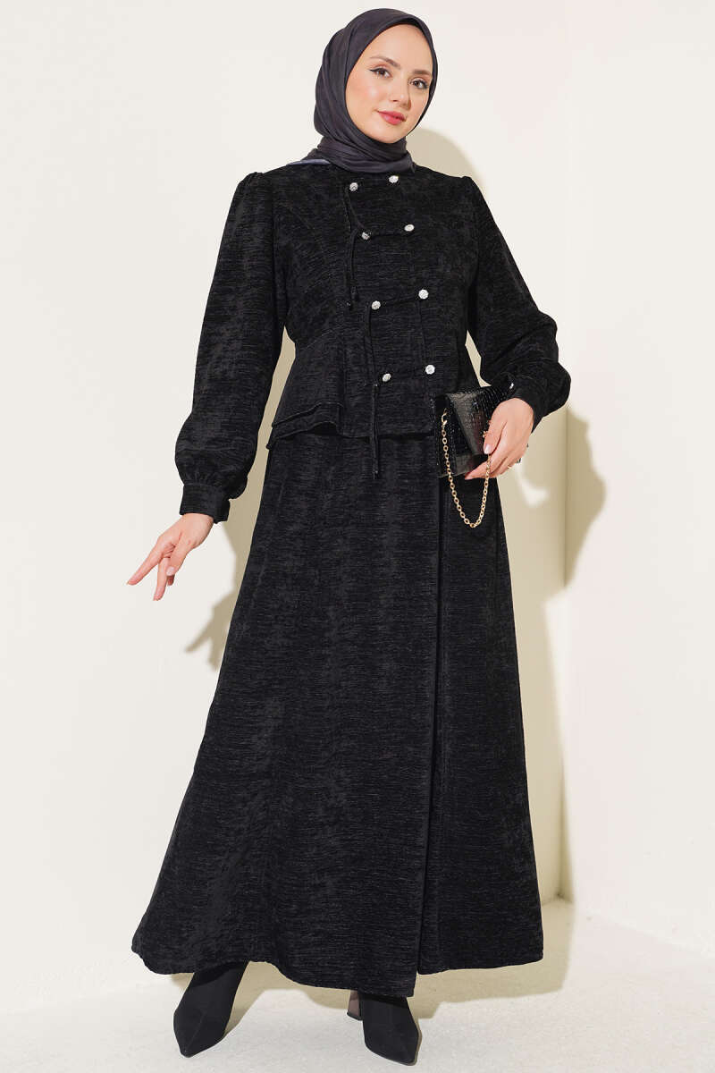 Two-Piece Skirt Set with Jewelled Rivet Buttons - Black