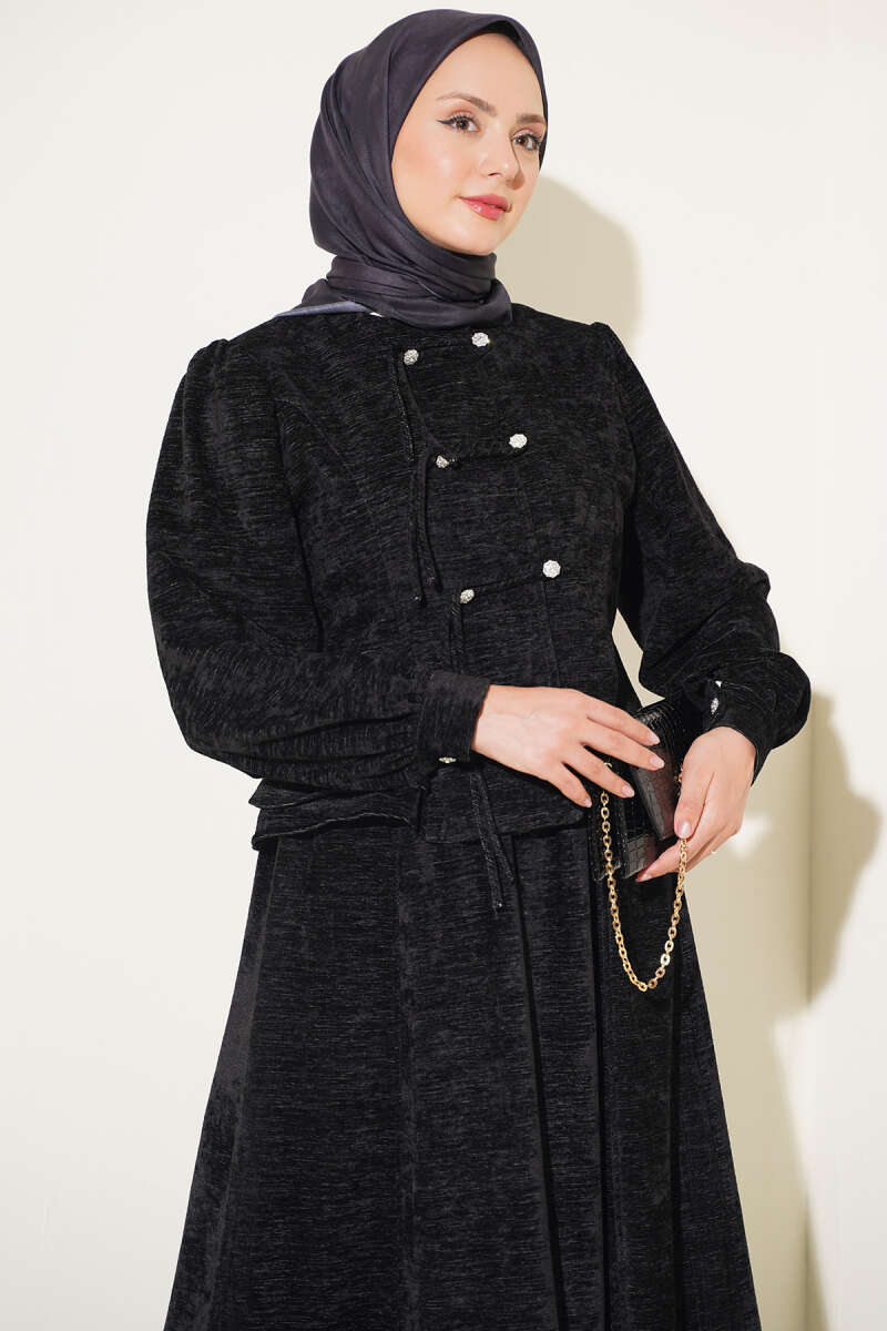 Two-Piece Skirt Set with Jewelled Rivet Buttons - Black