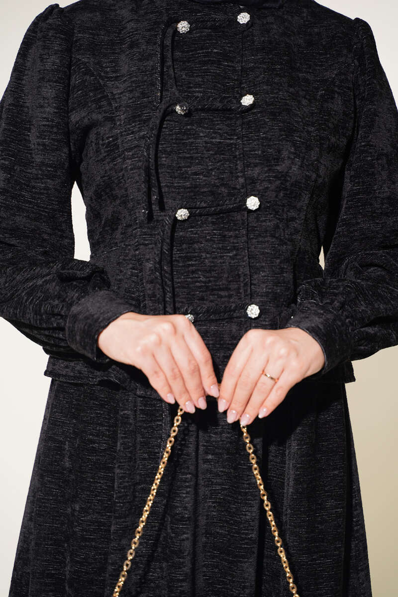 Two-Piece Skirt Set with Jewelled Rivet Buttons - Black