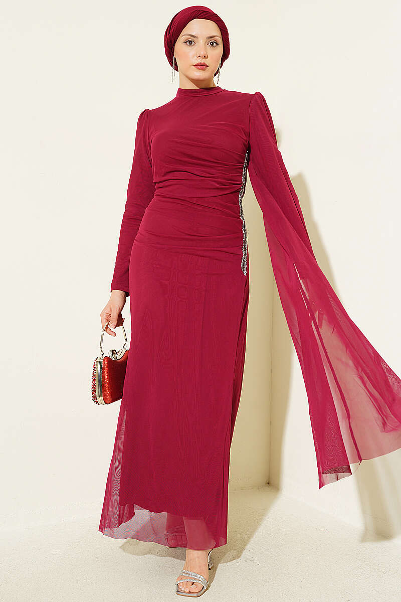 Evening Dress with Gathered Stone Detail - Burgundy