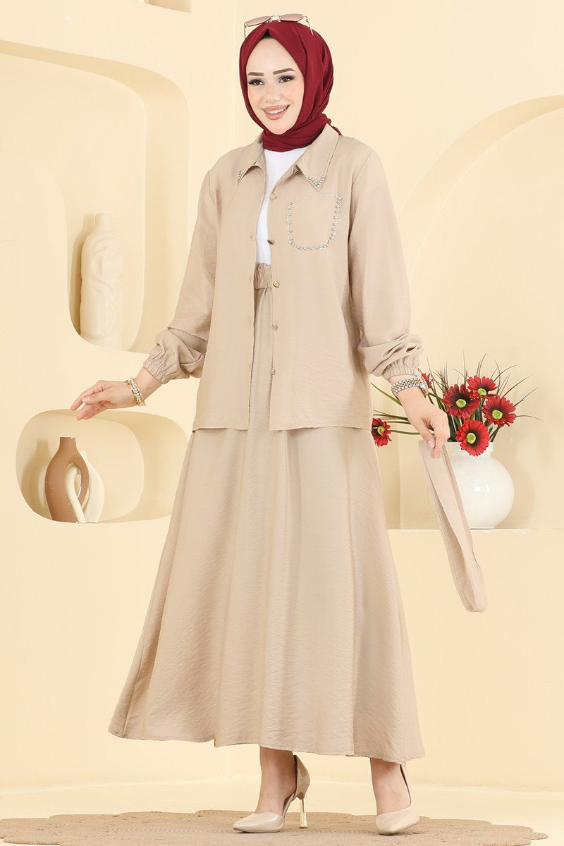 Stone-Detail Woven Two-Piece Set - Mink
