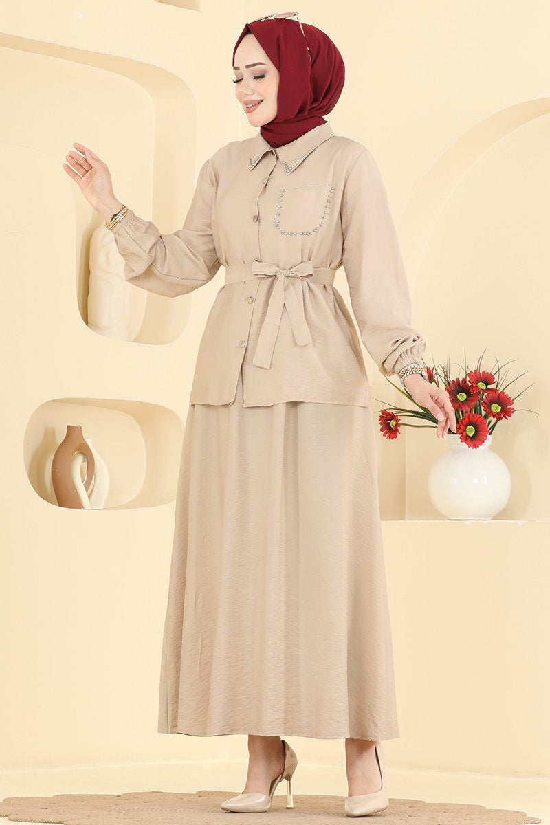 Stone-Detail Woven Two-Piece Set - Mink