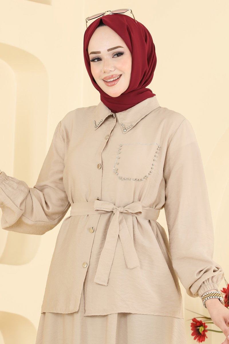 Stone-Detail Woven Two-Piece Set - Mink