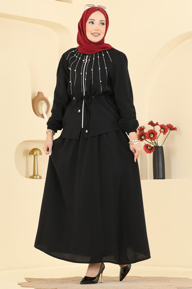 Modal Two-Piece Set with Stone Trim - Black