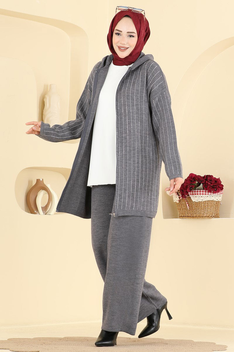 Stone-Detail Knit Two-Piece Set - Charcoal