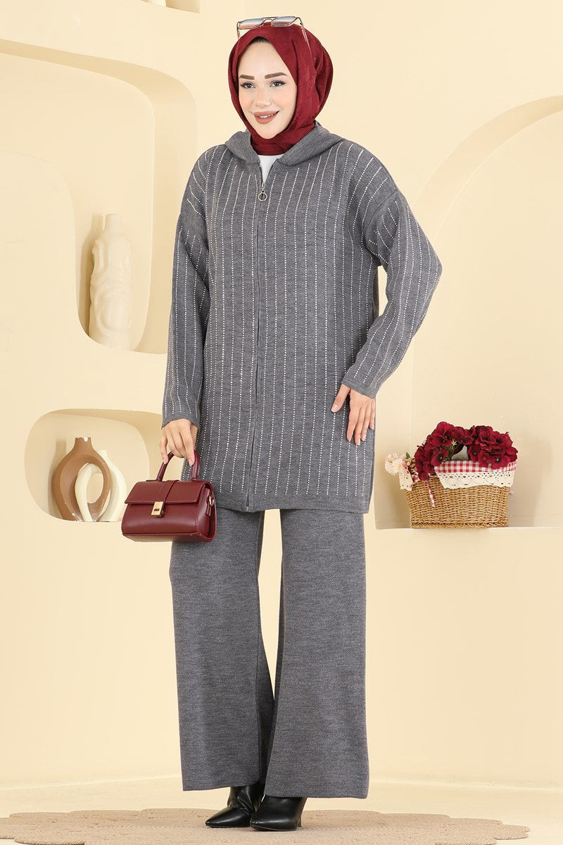 Stone-Detail Knit Two-Piece Set - Charcoal