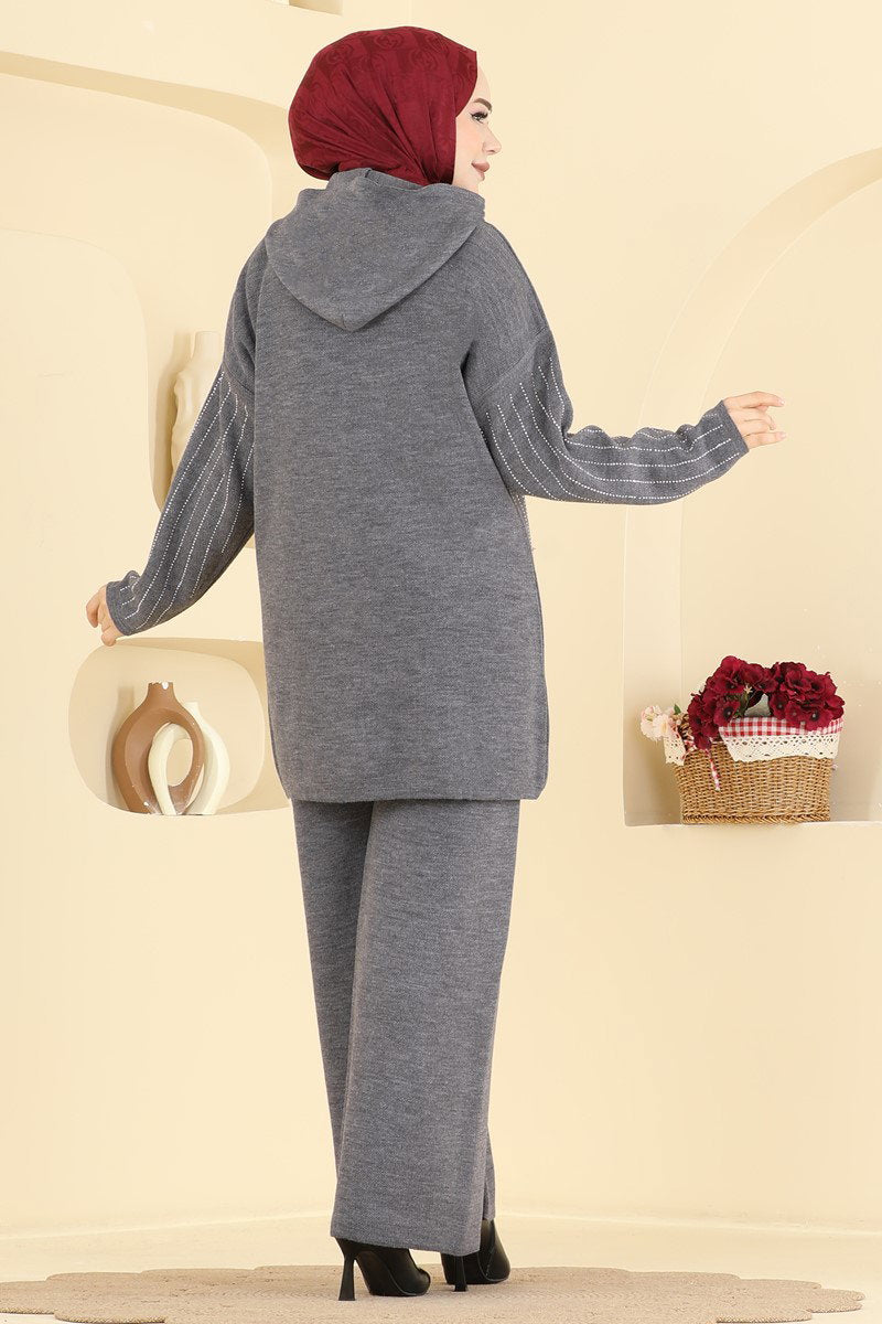Stone-Detail Knit Two-Piece Set - Charcoal