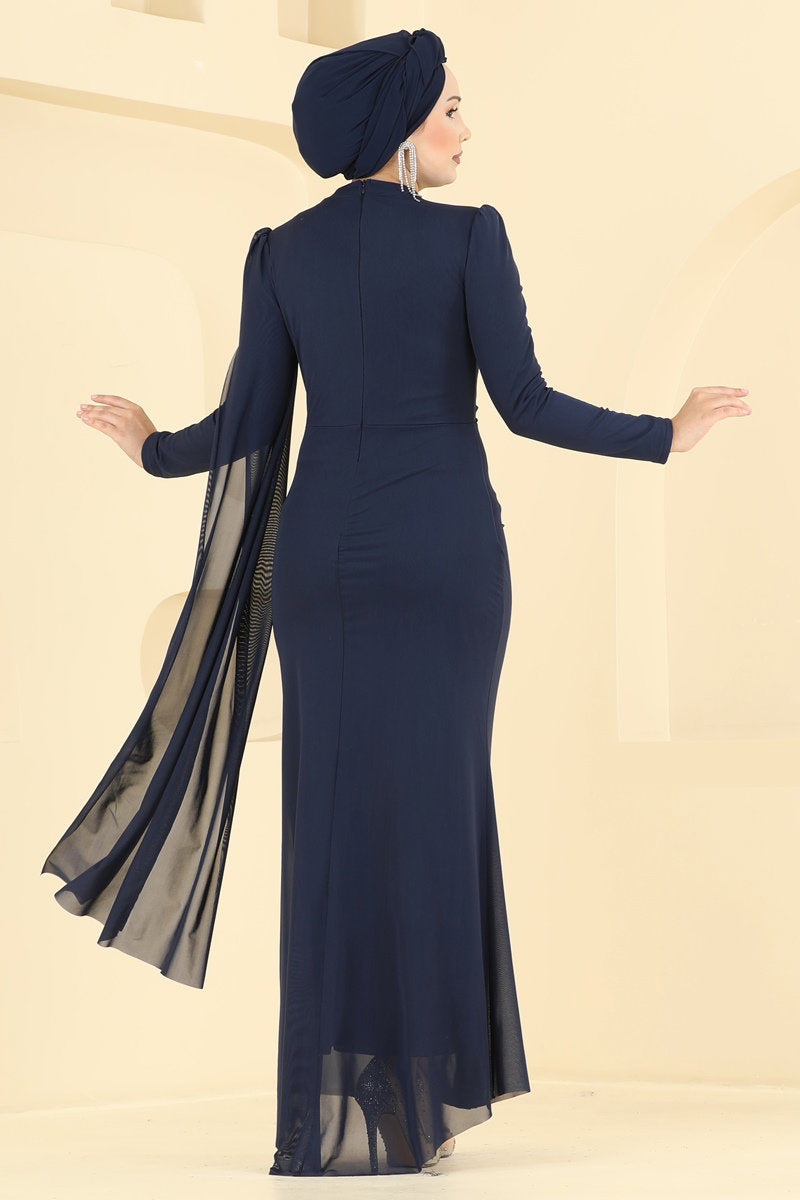 Stone-Detail Tulle Evening Dress - Navy