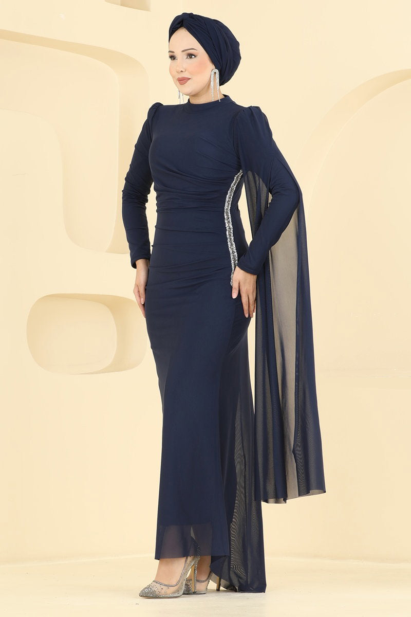 Stone-Detail Tulle Evening Dress - Navy