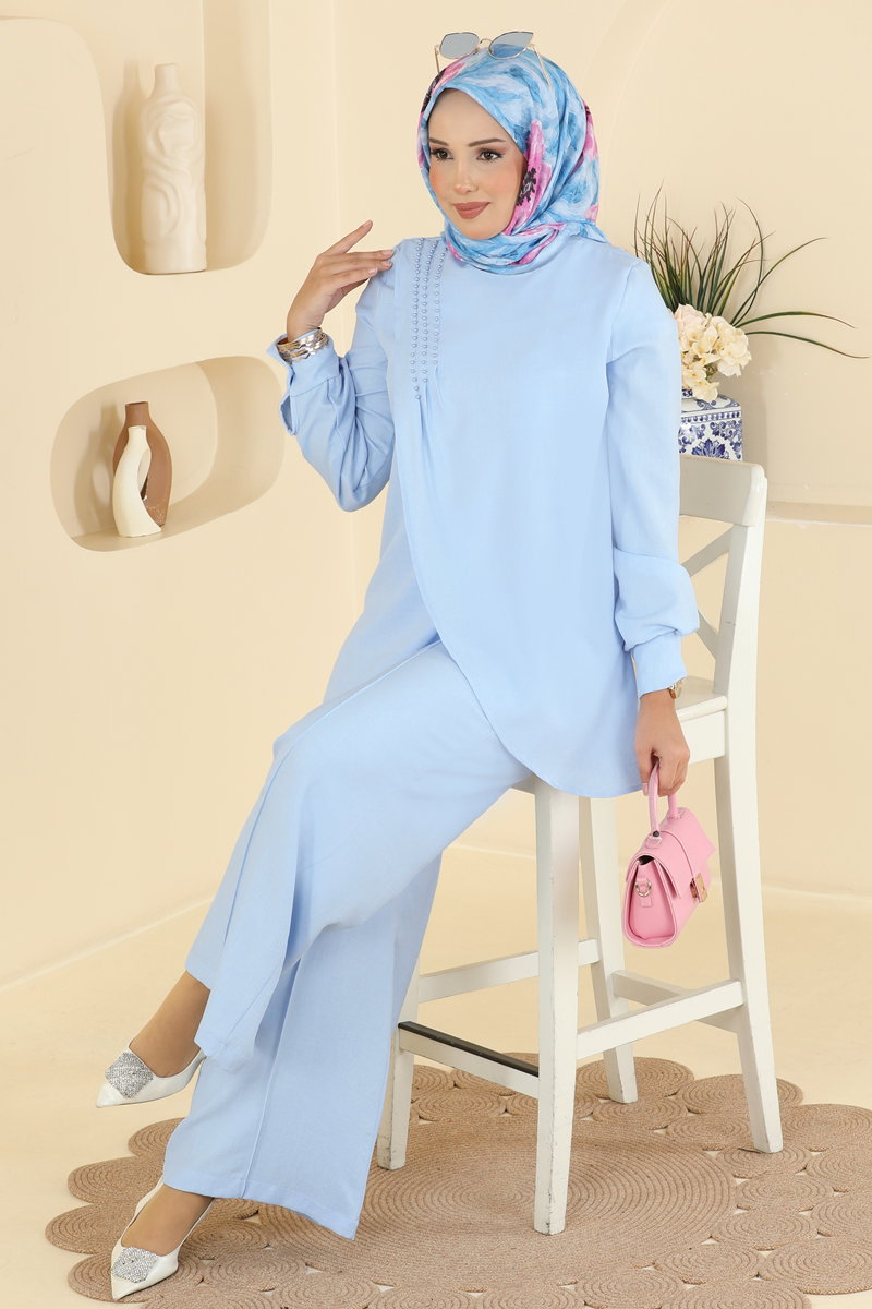 Asymmetric Linen Two-Piece Set with Stones - Light Blue