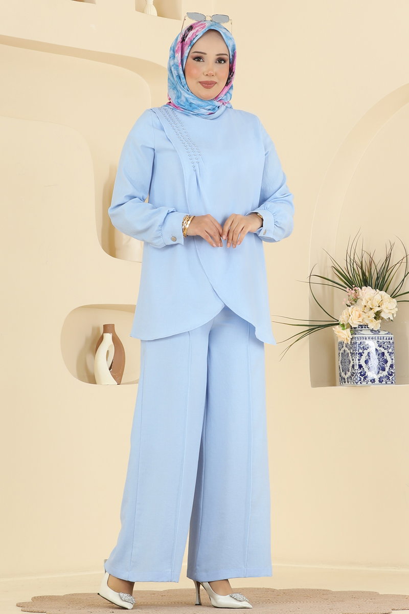 Asymmetric Linen Two-Piece Set with Stones - Light Blue