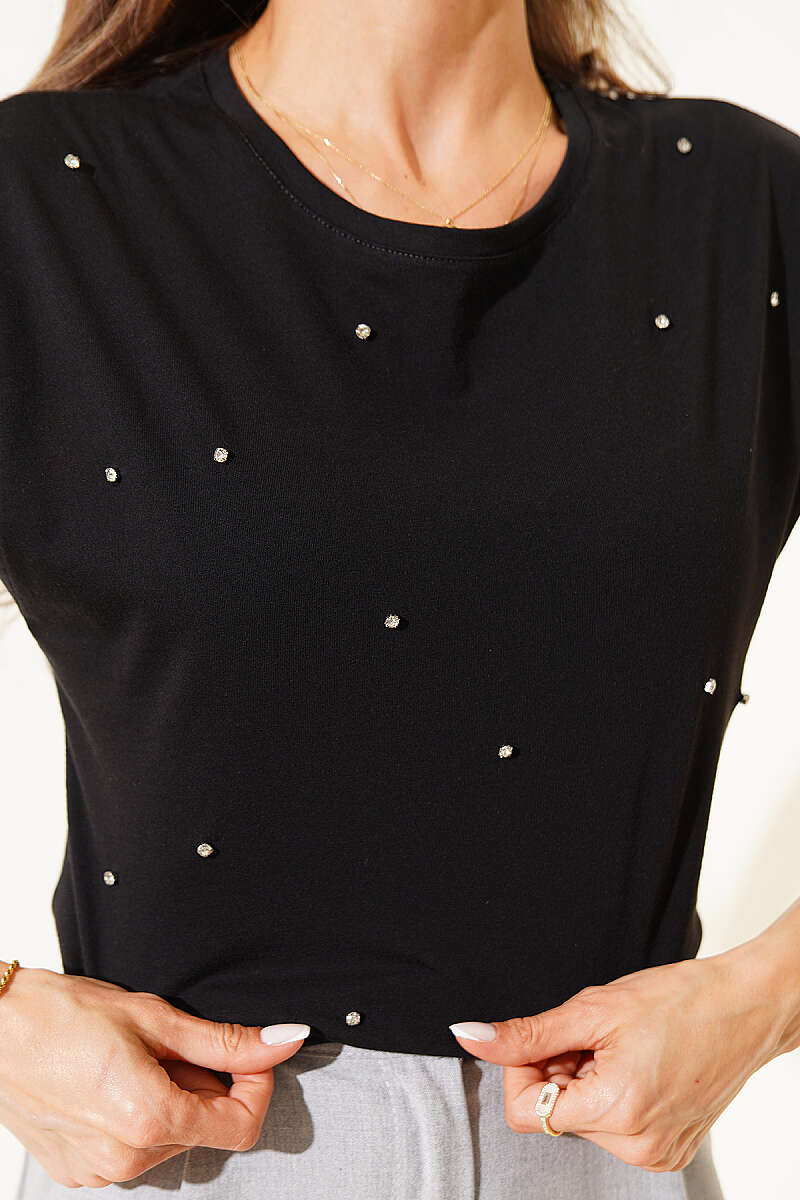 Basic T-Shirt with Stone Detail - Black