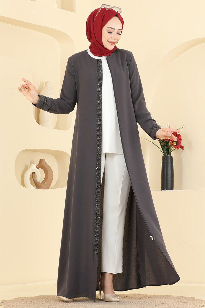 Stone-Detail Abaya Coat with Pockets - Charcoal