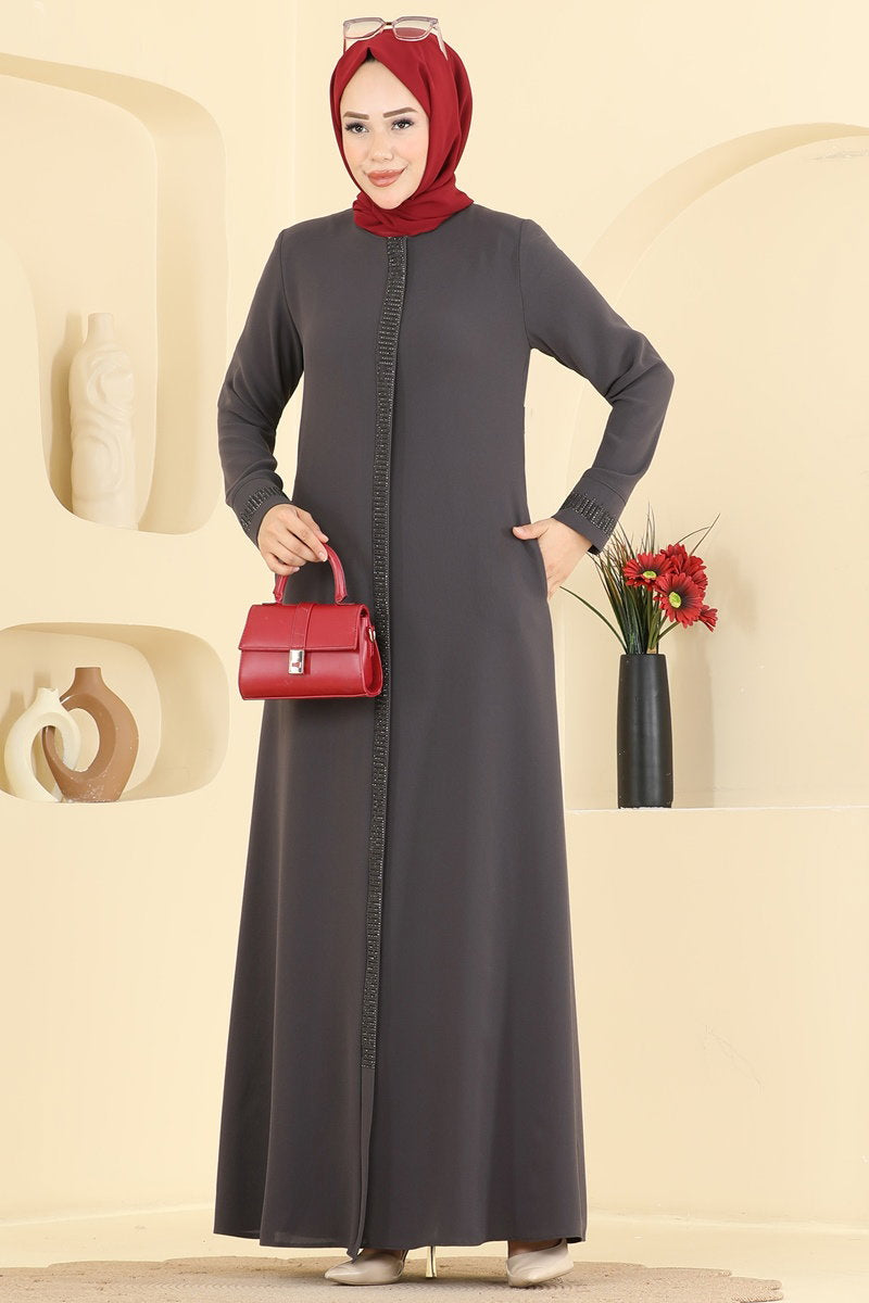 Stone-Detail Abaya Coat with Pockets - Charcoal