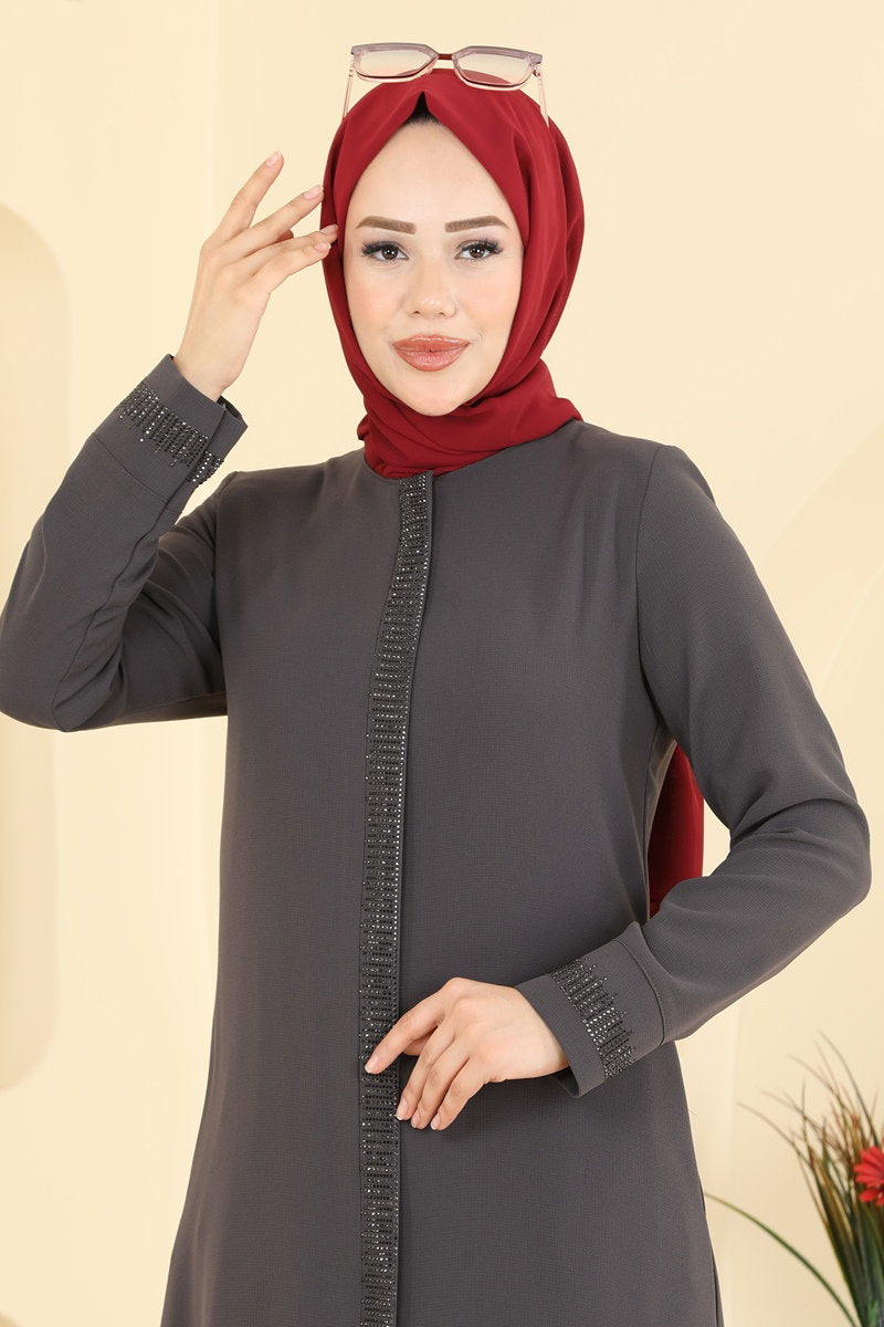 Stone-Detail Abaya Coat with Pockets - Charcoal