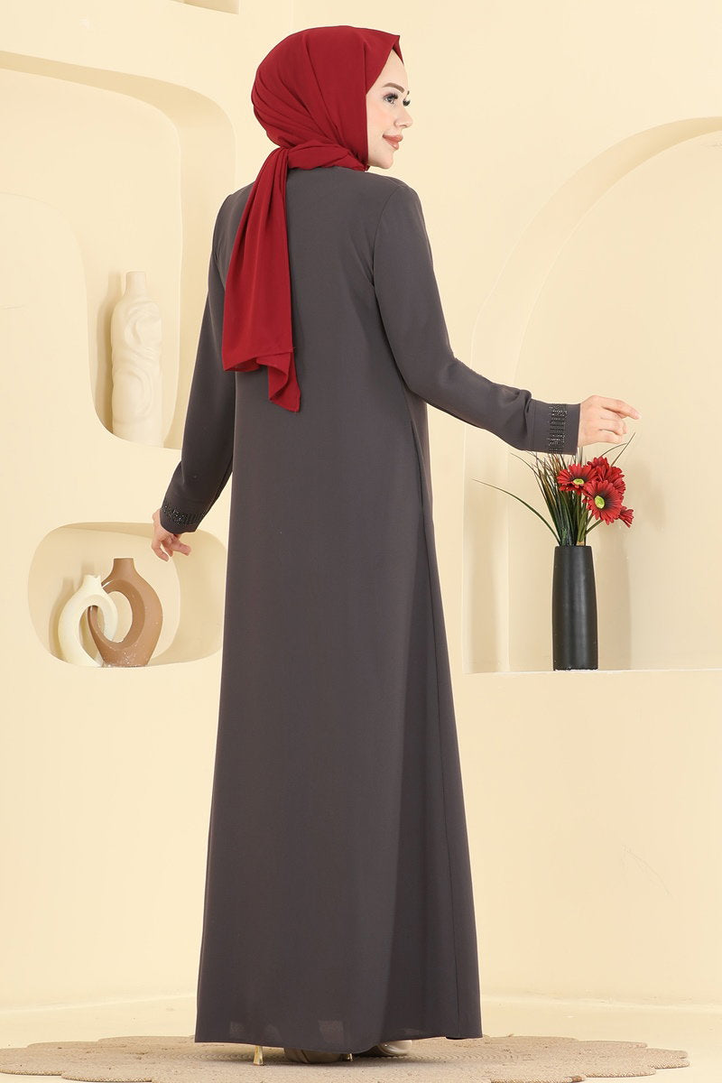 Stone-Detail Abaya Coat with Pockets - Charcoal