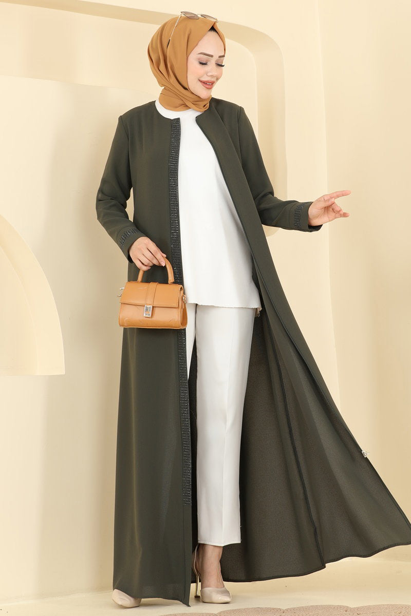 Stone-Detail Abaya Coat with Pockets - Khaki