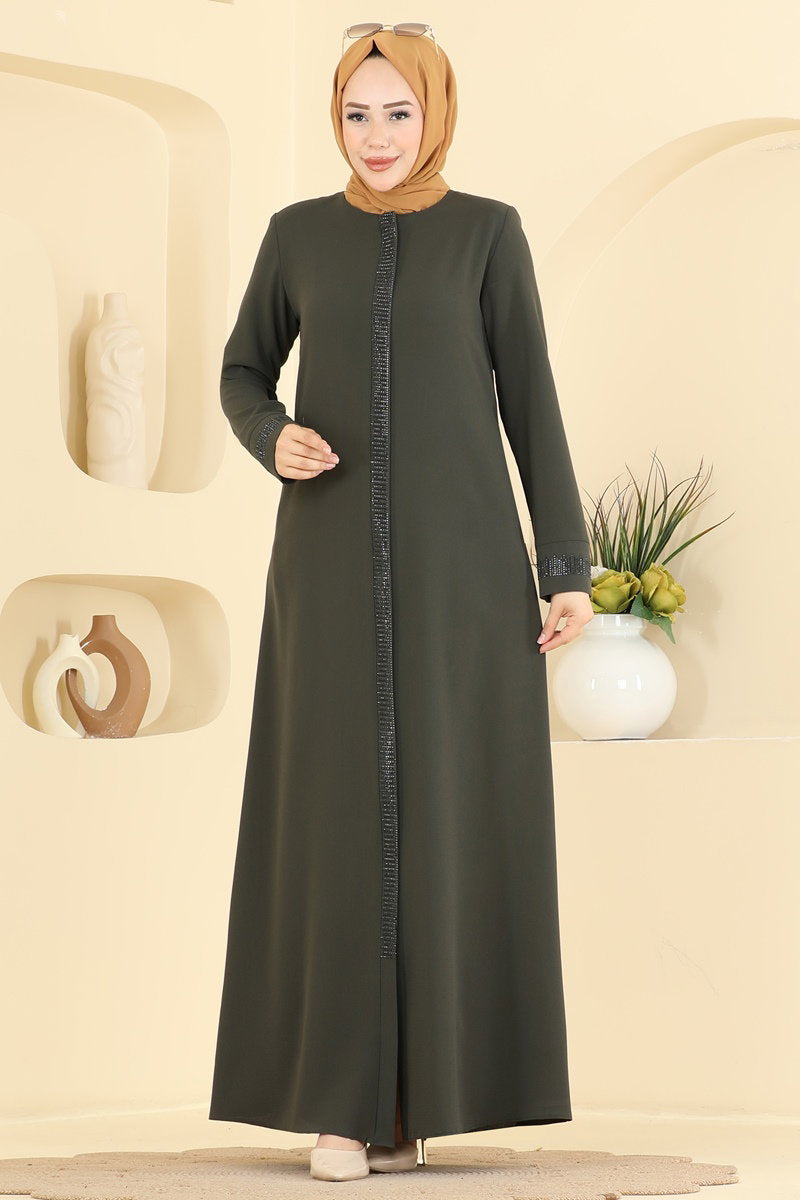 Stone-Detail Abaya Coat with Pockets - Khaki