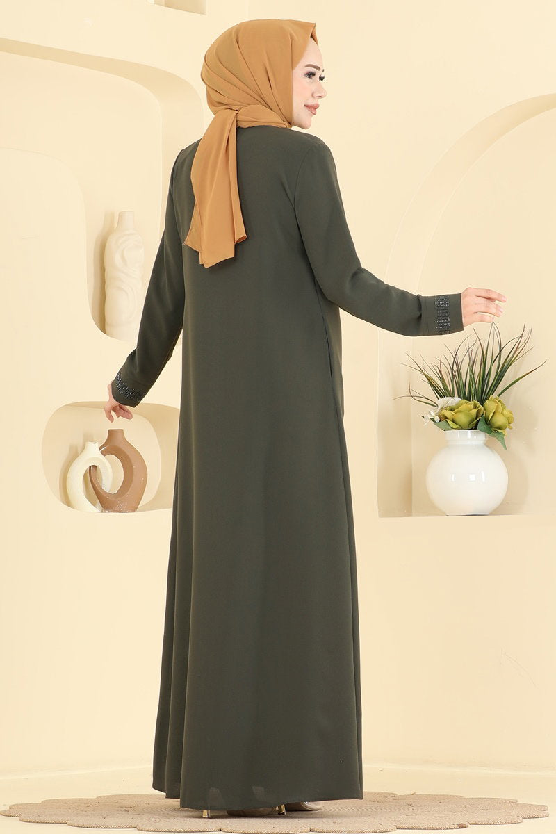 Stone-Detail Abaya Coat with Pockets - Khaki