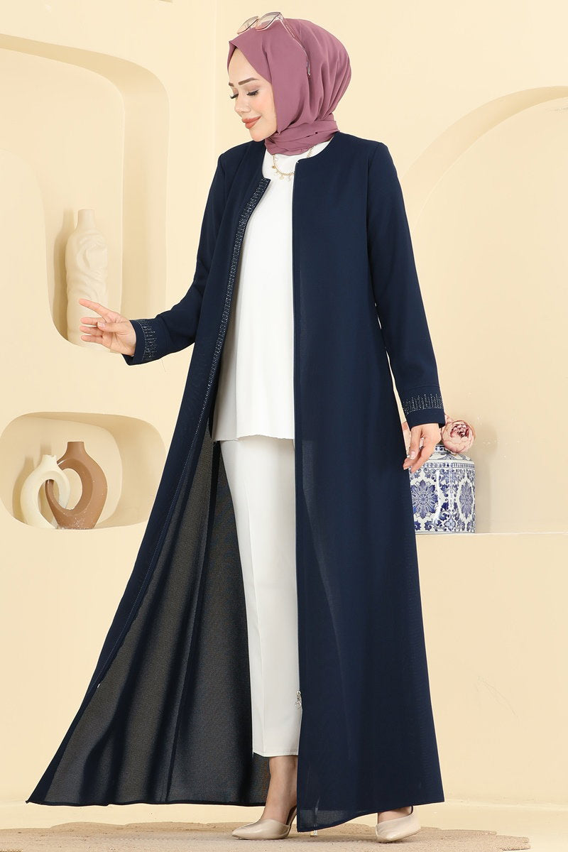 Stone-Detail Abaya Coat with Pockets - Navy