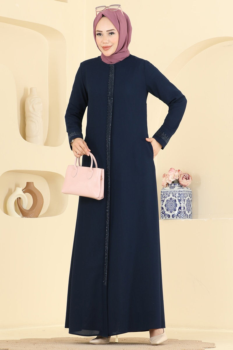 Stone-Detail Abaya Coat with Pockets - Navy