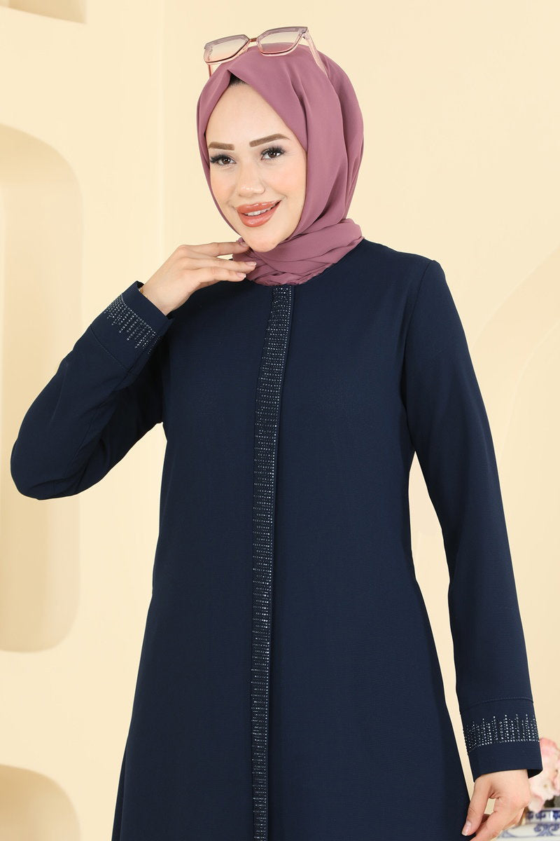 Stone-Detail Abaya Coat with Pockets - Navy