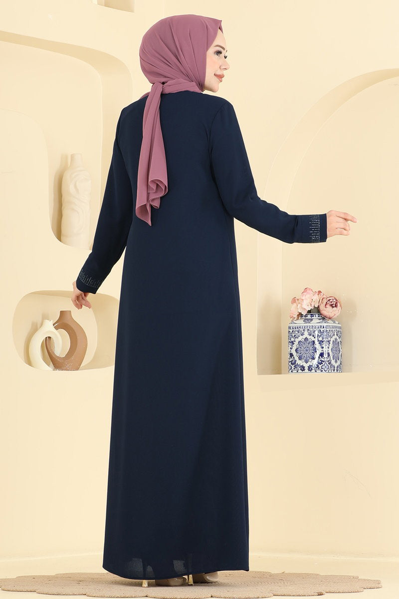 Stone-Detail Abaya Coat with Pockets - Navy