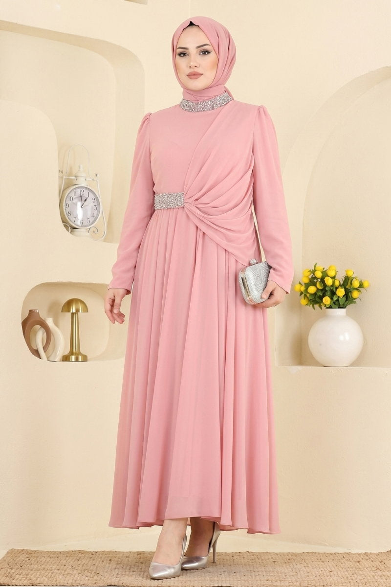 Draped Chiffon Evening Dress with Stones - Pink