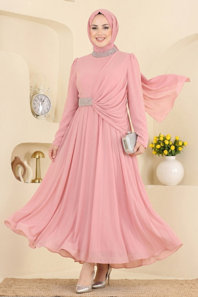 Draped Chiffon Evening Dress with Stones - Pink
