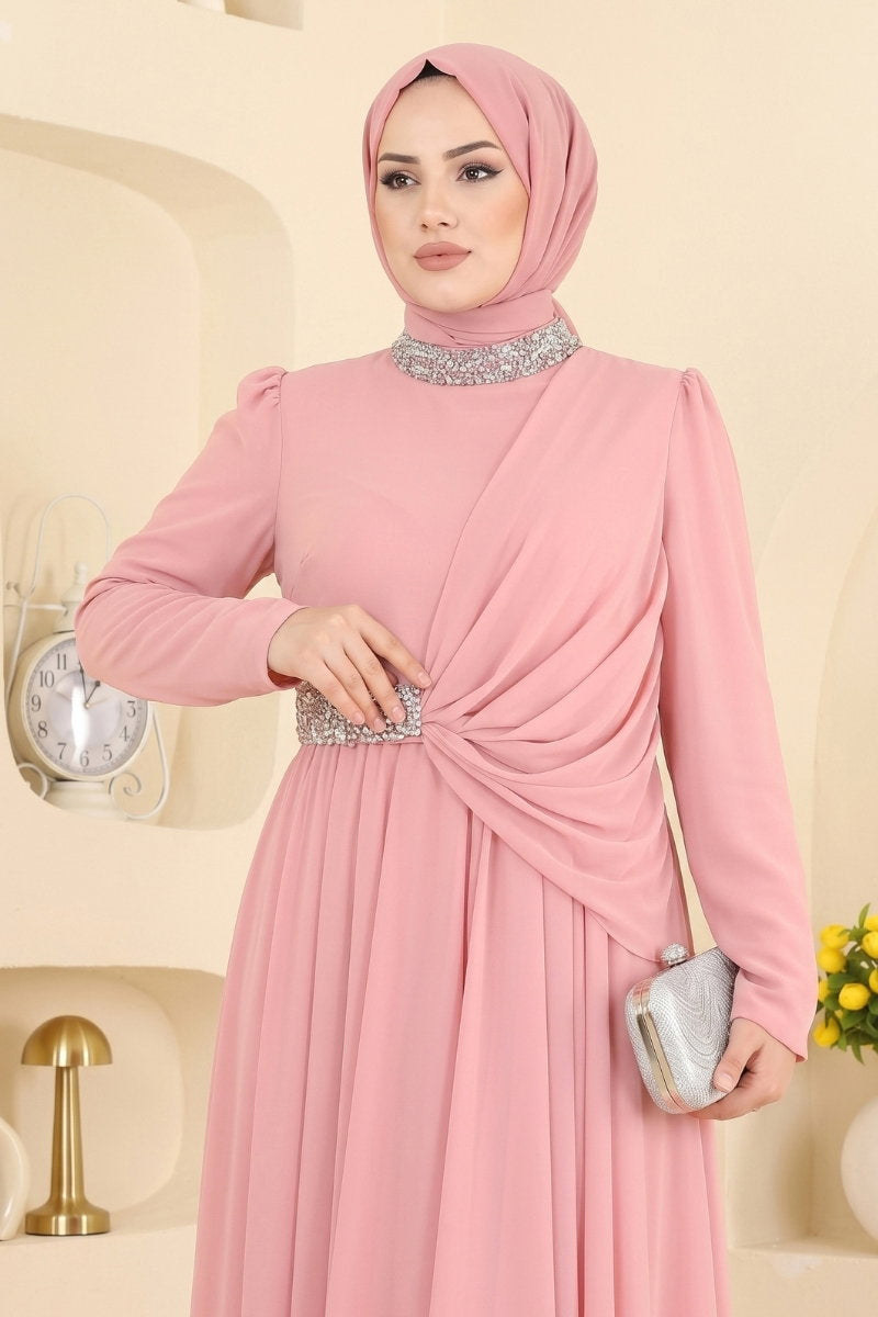 Draped Chiffon Evening Dress with Stones - Pink