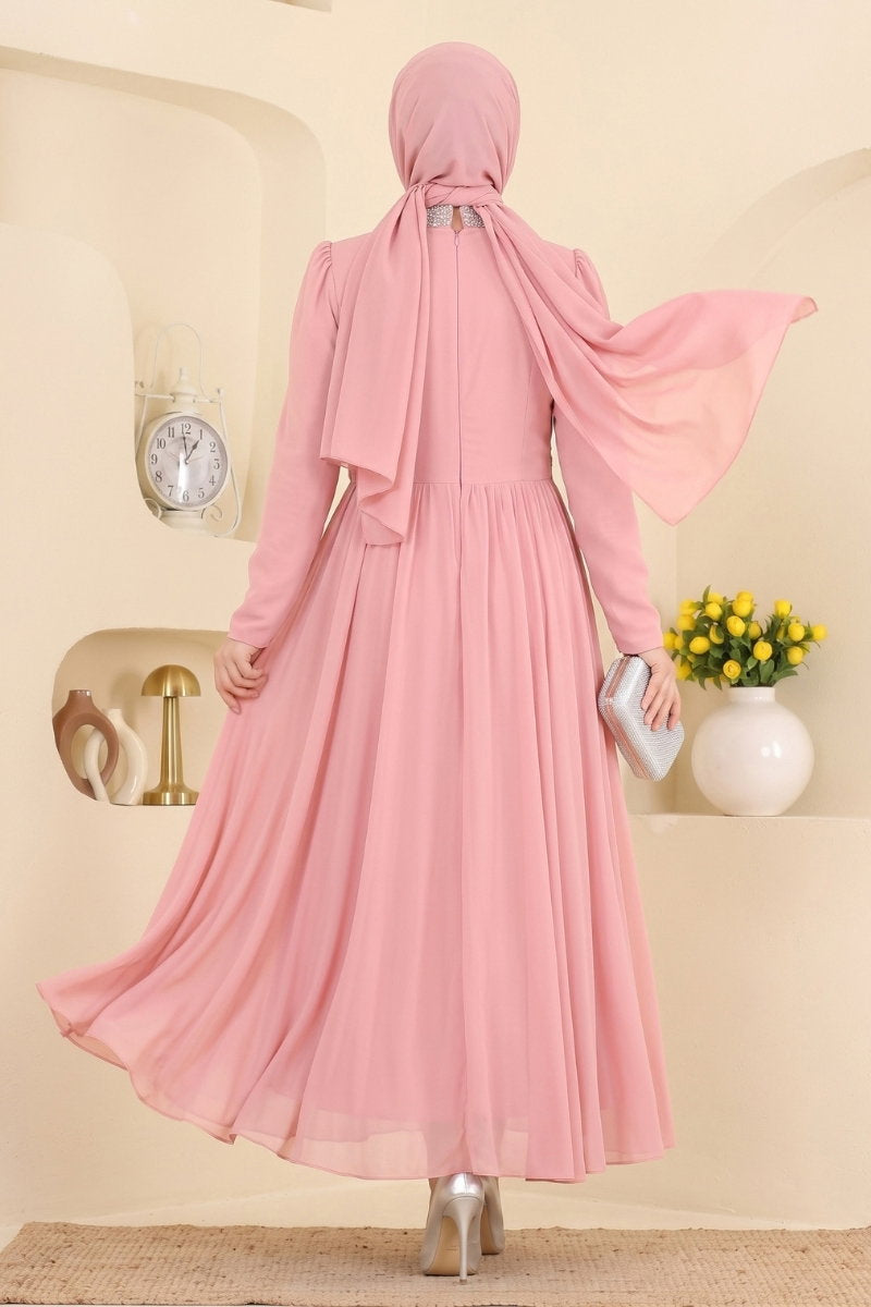 Draped Chiffon Evening Dress with Stones - Pink
