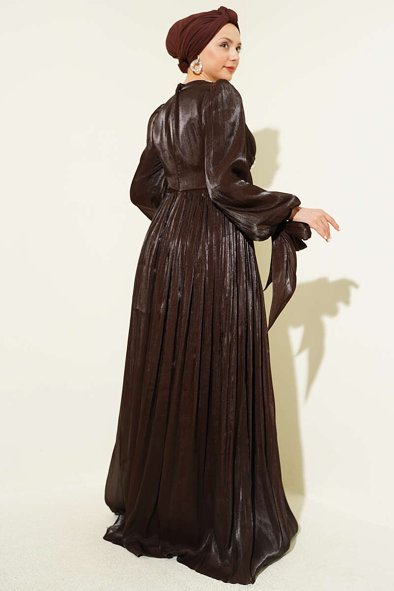 Draped Evening Dress with Stone Detail - Dark Brown